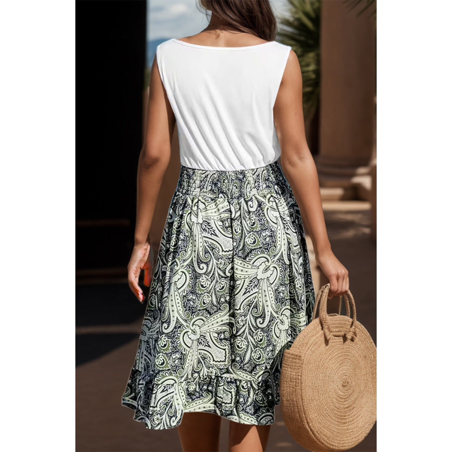 Smocked Printed Round Neck Tank Dress Apparel and Accessories