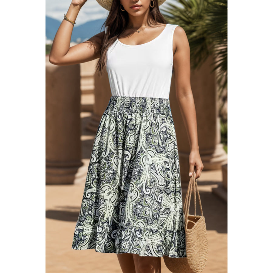 Smocked Printed Round Neck Tank Dress White / S Apparel and Accessories