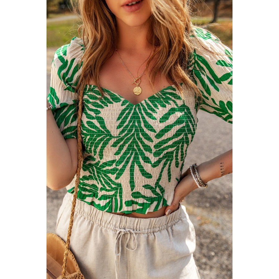 Smocked Printed Short Sleeve Blouse Apparel and Accessories