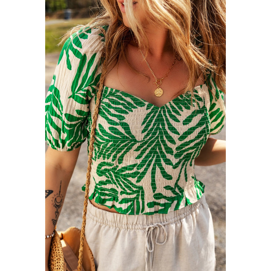 Smocked Printed Short Sleeve Blouse Apparel and Accessories