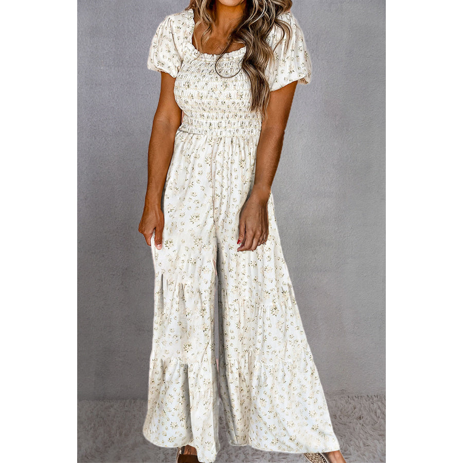 Smocked Printed Short Sleeve Jumpsuit White / S Apparel and Accessories