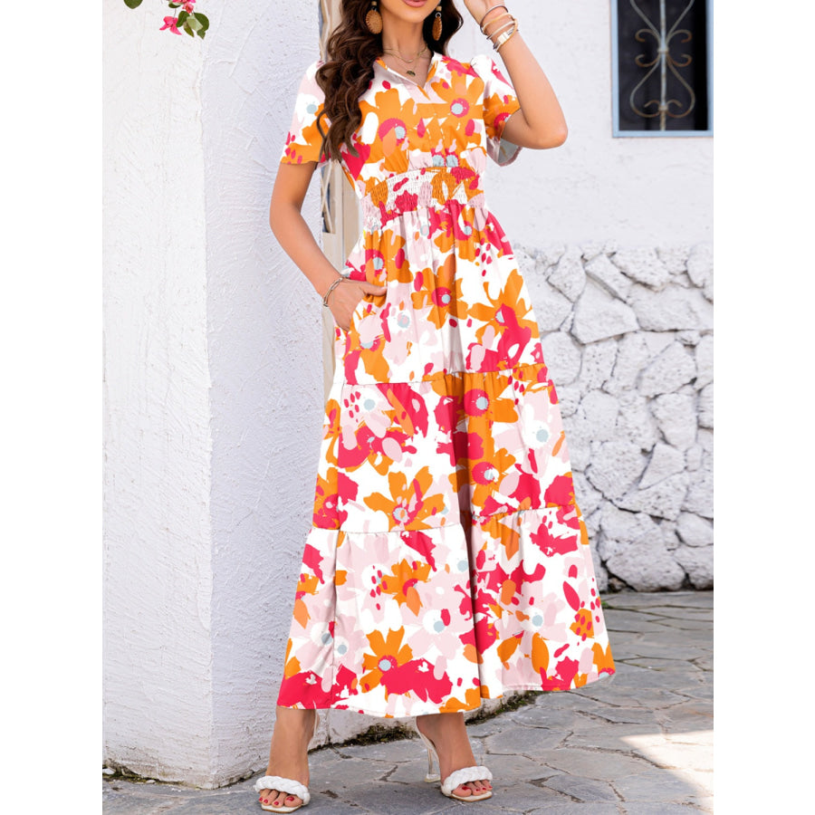 Smocked Printed Short Sleeve Midi Dress Apparel and Accessories