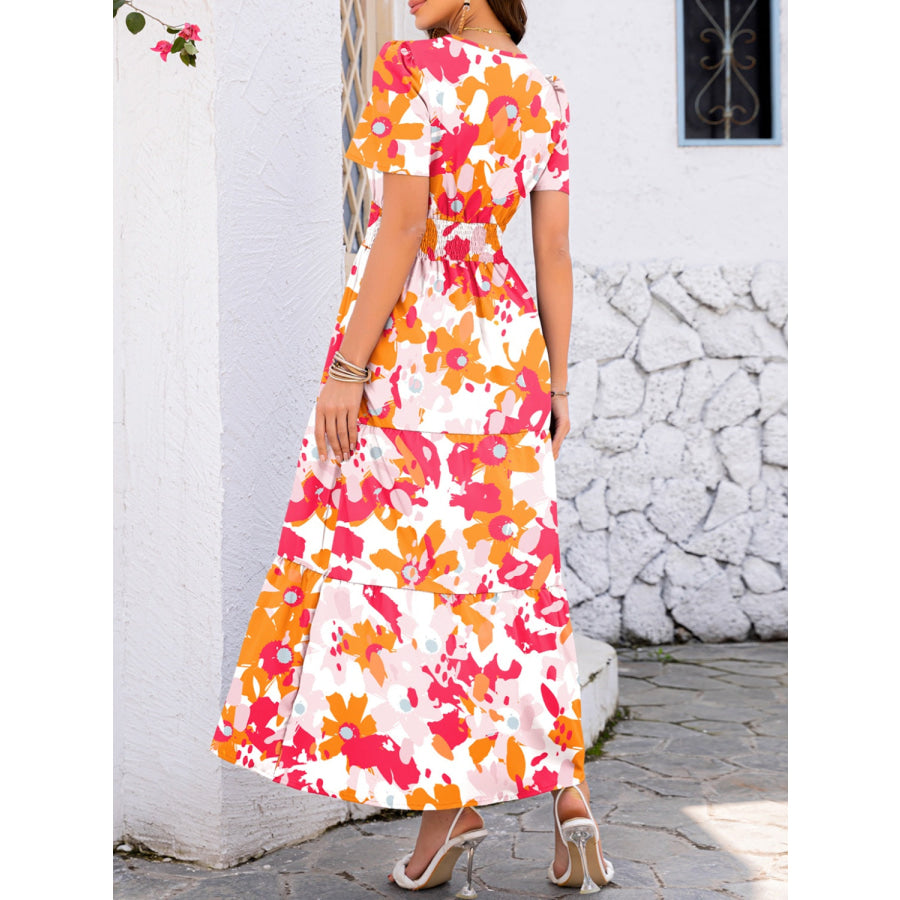 Smocked Printed Short Sleeve Midi Dress Apparel and Accessories