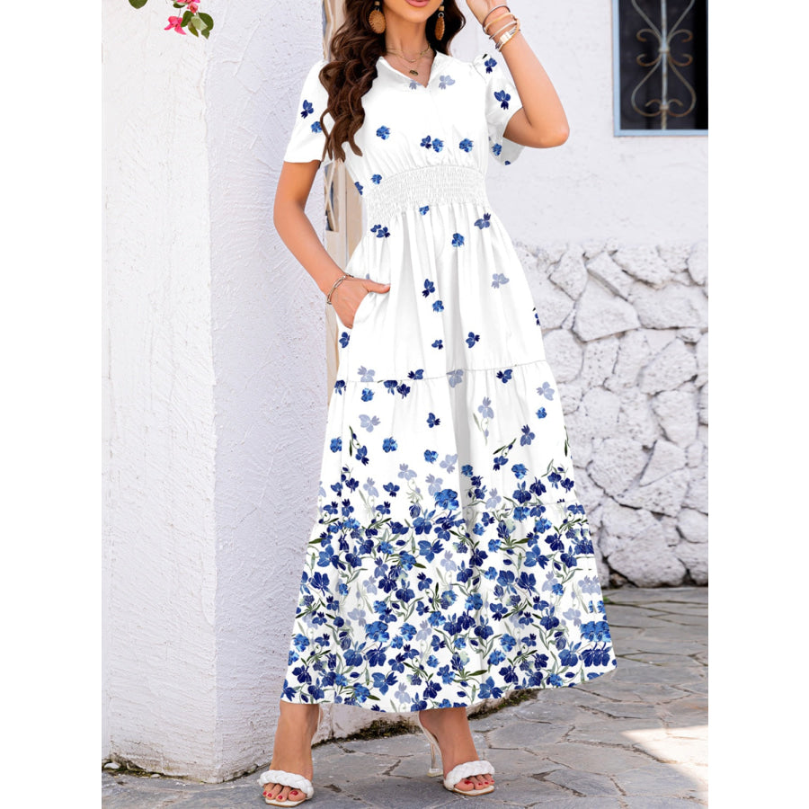 Smocked Printed Short Sleeve Midi Dress Apparel and Accessories