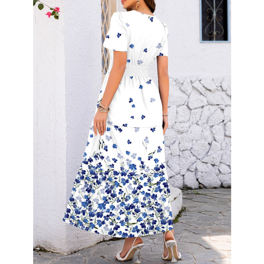 Smocked Printed Short Sleeve Midi Dress Apparel and Accessories