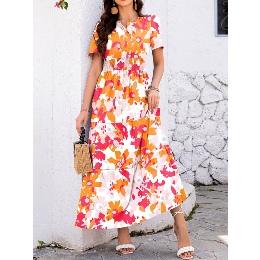 Smocked Printed Short Sleeve Midi Dress Sherbet / S Apparel and Accessories