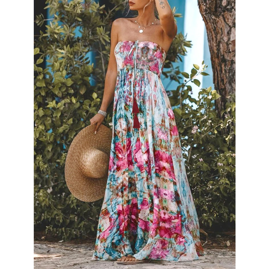 Smocked Printed Sleeveless Maxi Dress Sky Blue / S Apparel and Accessories