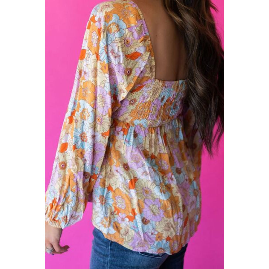 Smocked Printed Square Neck Balloon Sleeve Blouse Apparel and Accessories