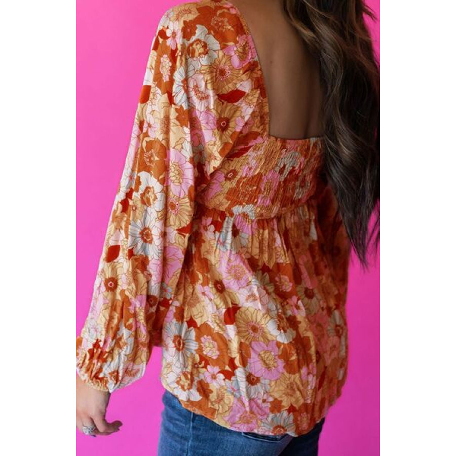 Smocked Printed Square Neck Balloon Sleeve Blouse Apparel and Accessories