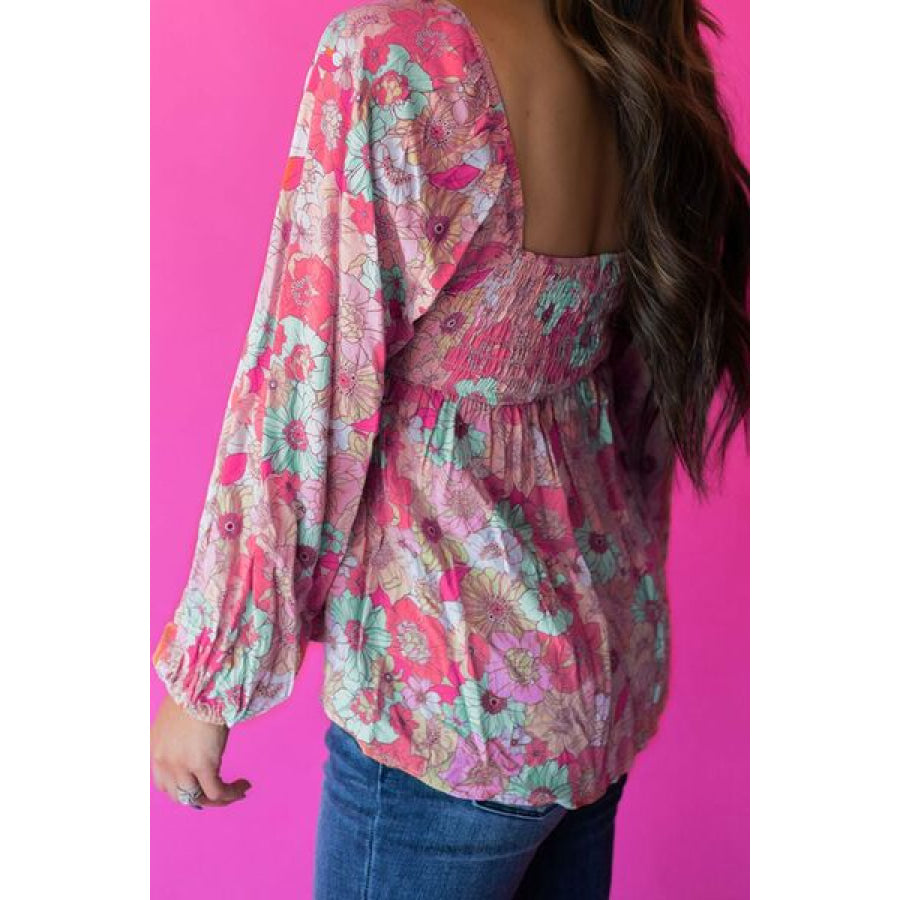 Smocked Printed Square Neck Balloon Sleeve Blouse Apparel and Accessories