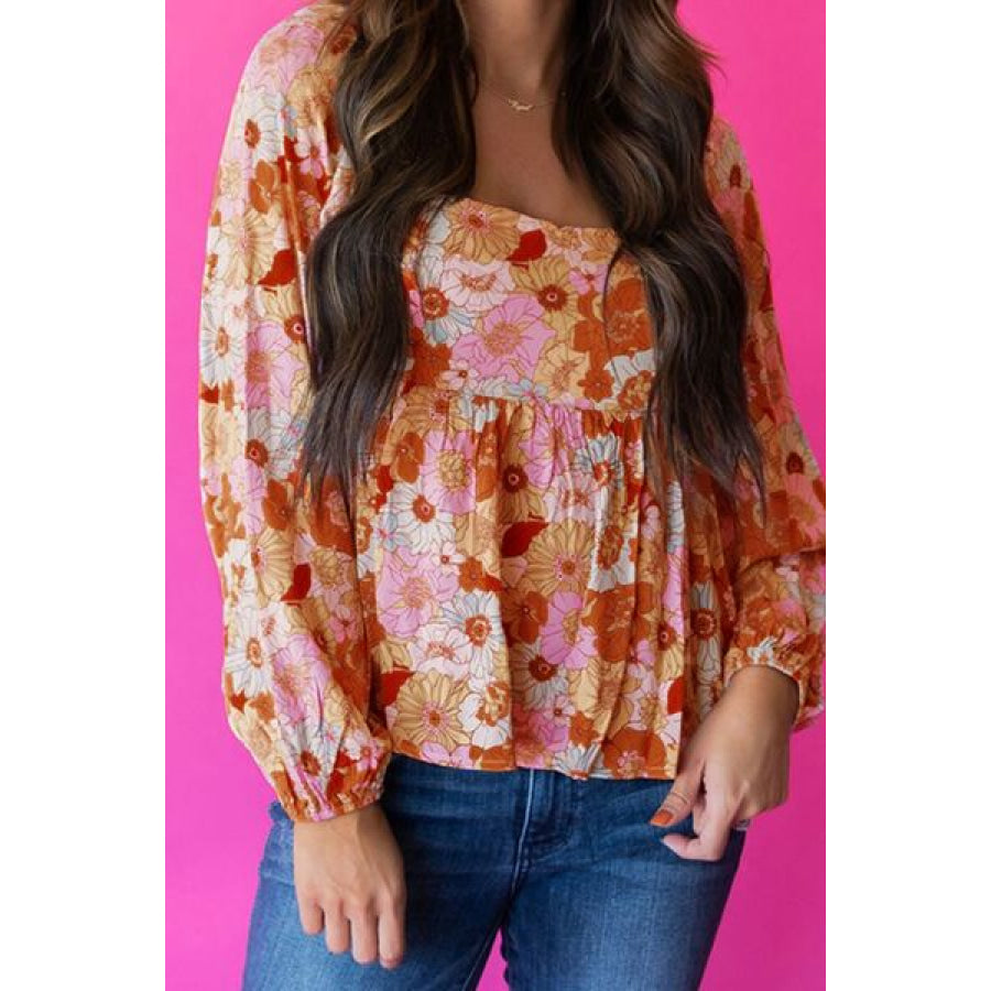 Smocked Printed Square Neck Balloon Sleeve Blouse Apparel and Accessories