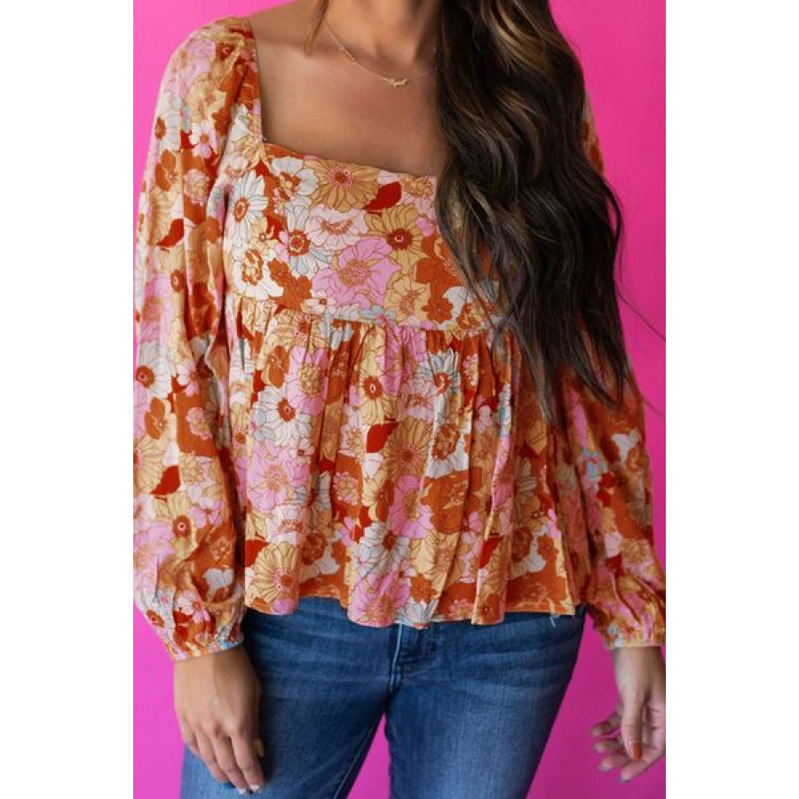 Smocked Printed Square Neck Balloon Sleeve Blouse Caramel / S Apparel and Accessories