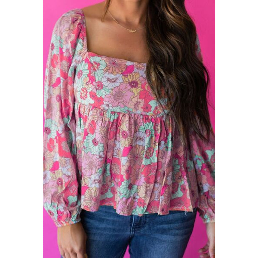 Smocked Printed Square Neck Balloon Sleeve Blouse Deep Rose / S Apparel and Accessories