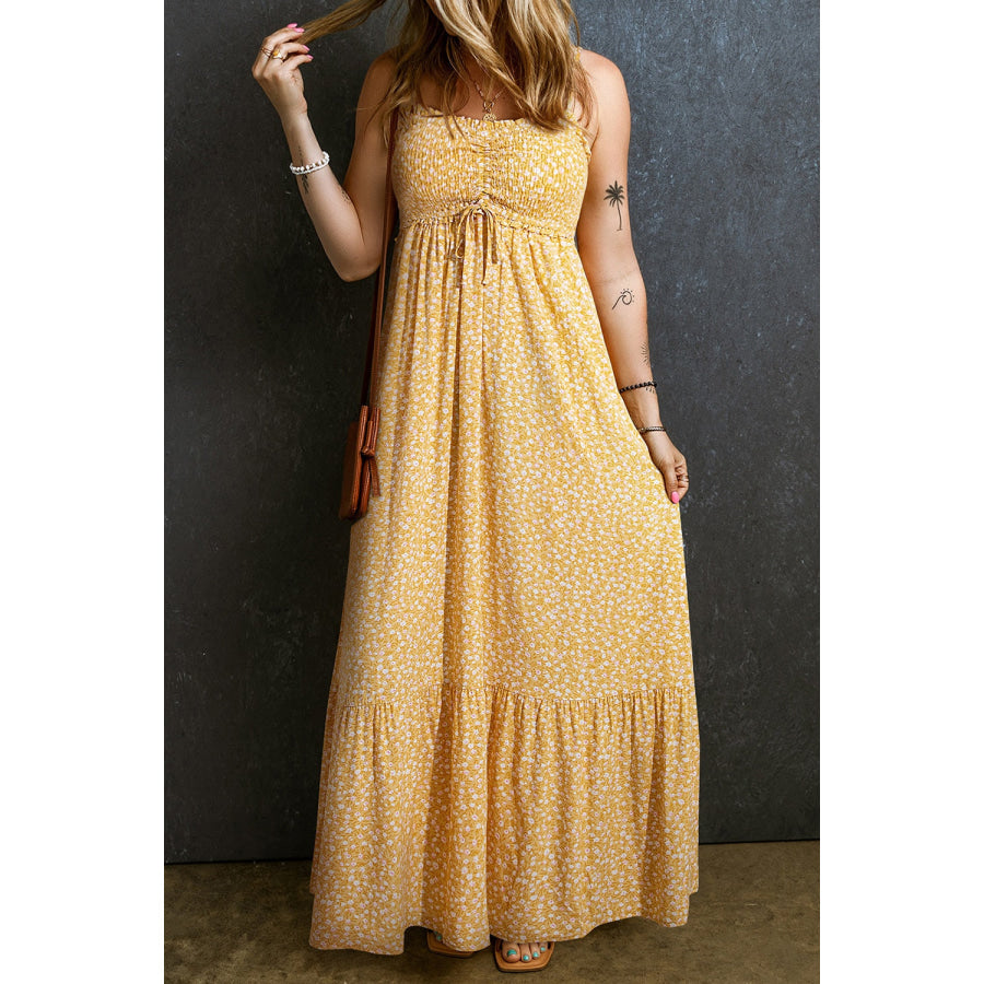 Smocked Printed Square Neck Maxi Cami Dress Yellow Green / S Apparel and Accessories