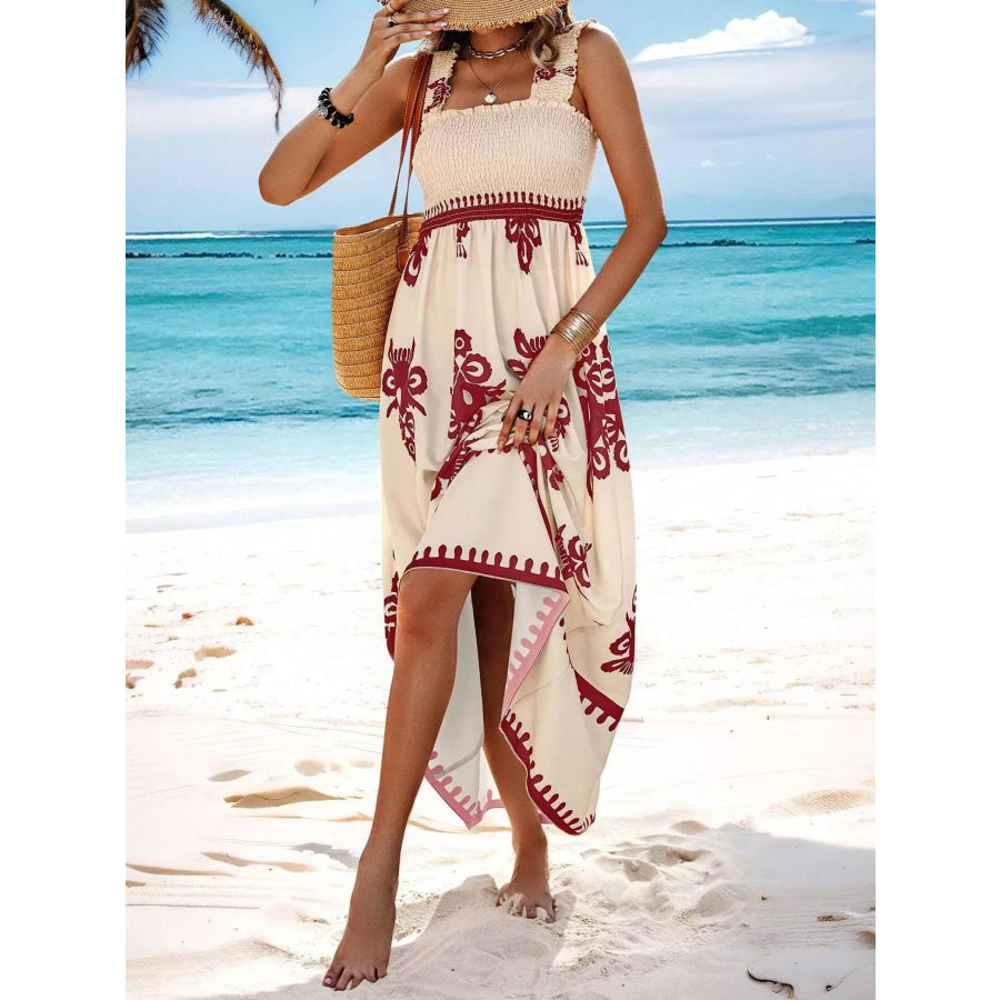 Smocked Printed Square Neck Maxi Dress Apparel and Accessories