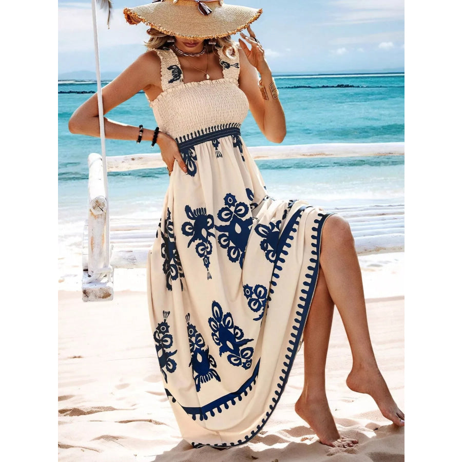 Smocked Printed Square Neck Maxi Dress Apparel and Accessories