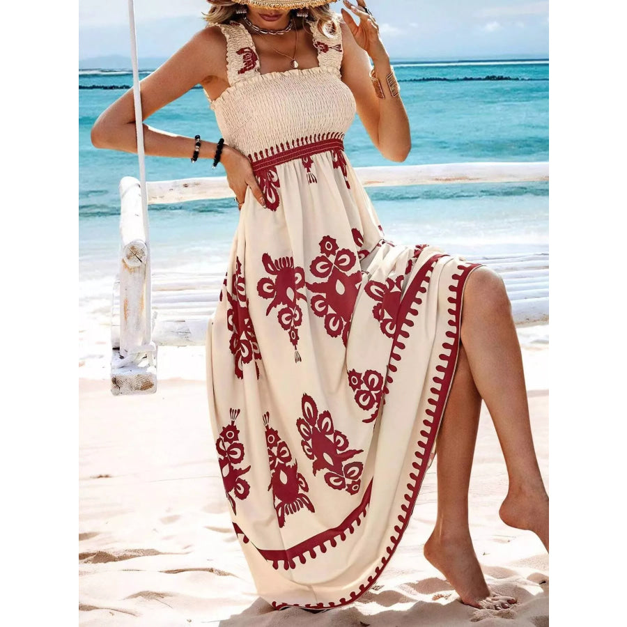 Smocked Printed Square Neck Maxi Dress Apparel and Accessories