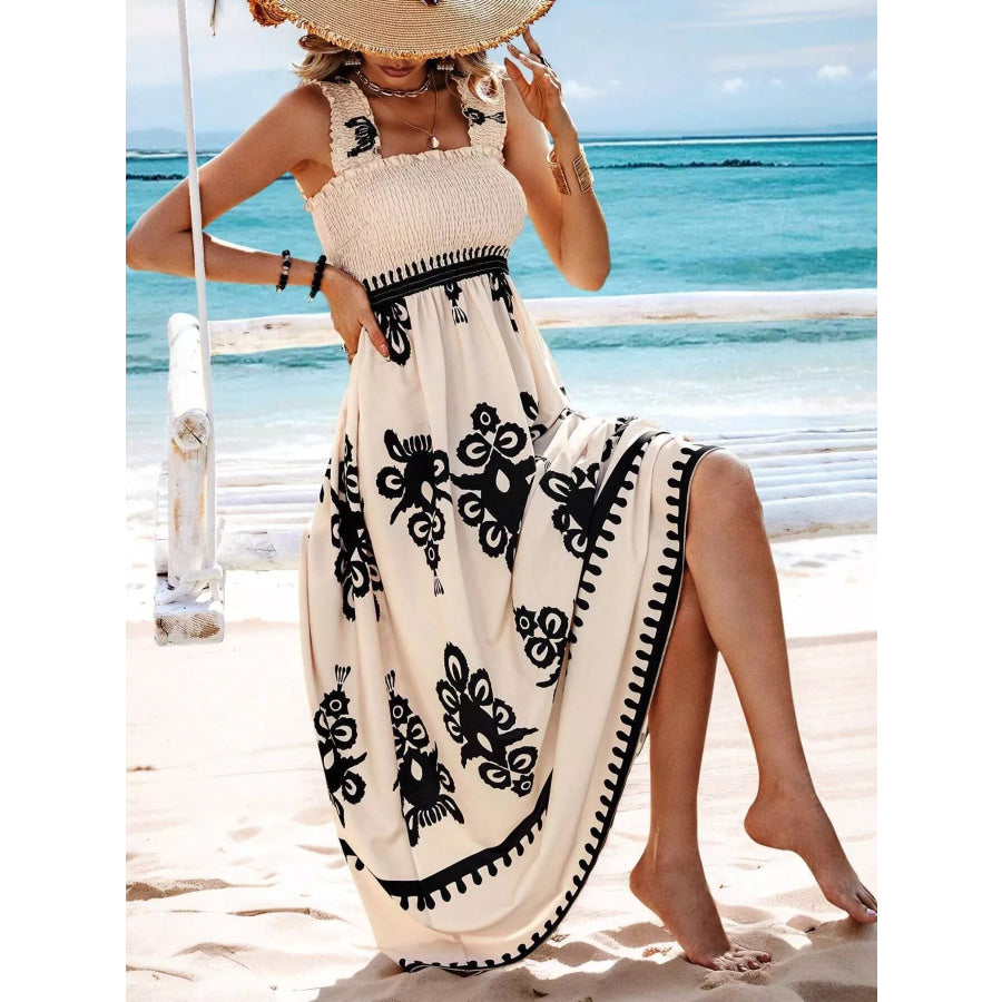 Smocked Printed Square Neck Maxi Dress Apparel and Accessories