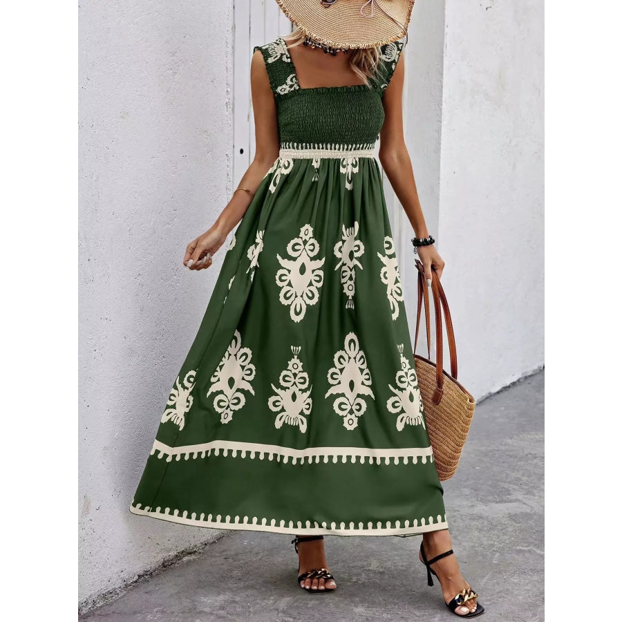 Smocked Printed Square Neck Maxi Dress Apparel and Accessories