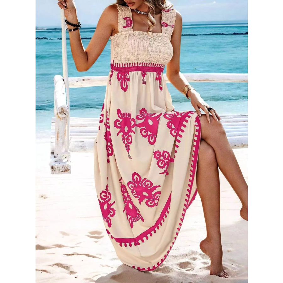 Smocked Printed Square Neck Maxi Dress Apparel and Accessories