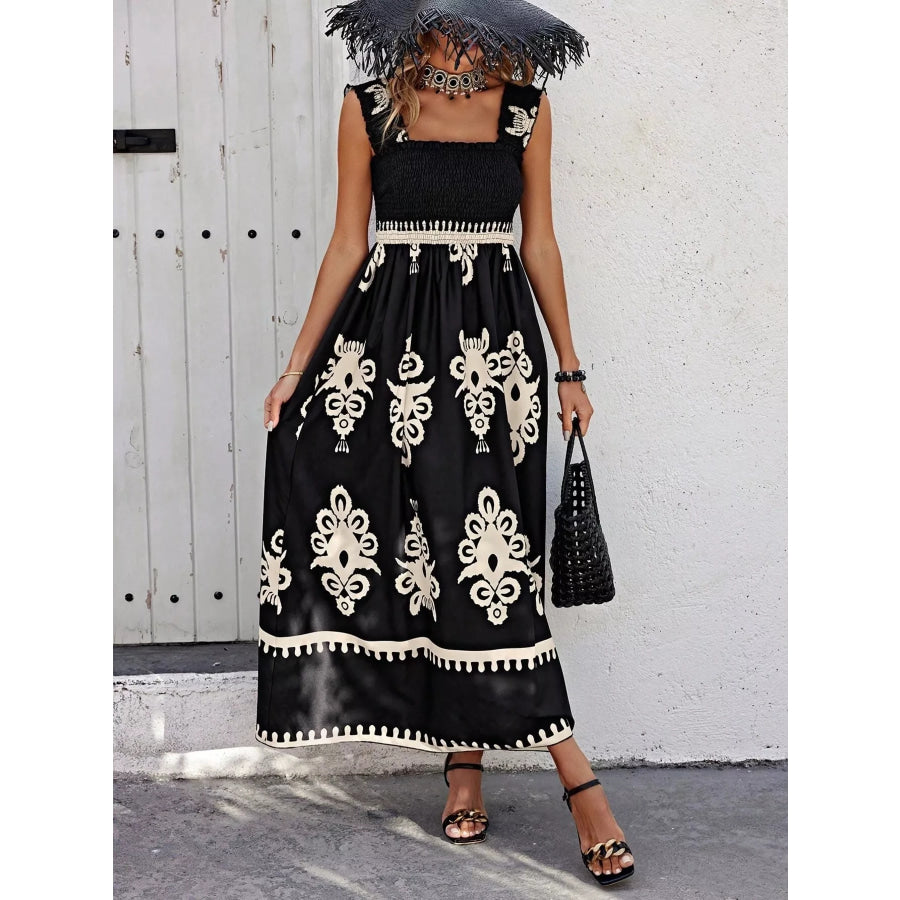 Smocked Printed Square Neck Maxi Dress Apparel and Accessories