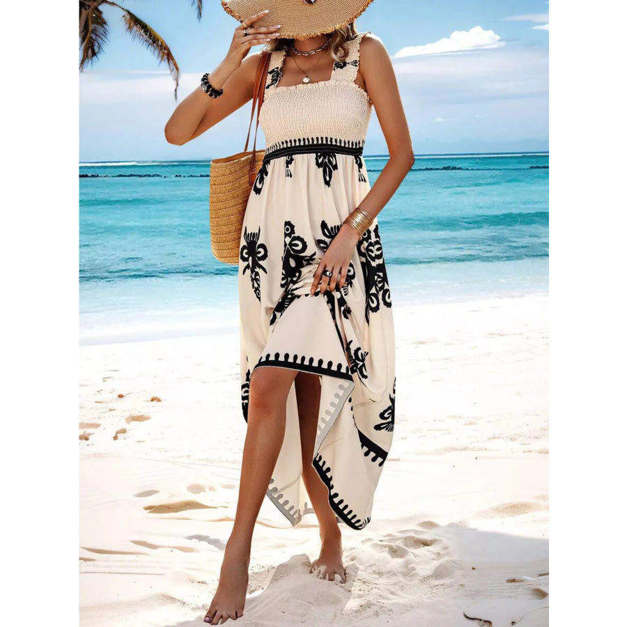 Smocked Printed Square Neck Maxi Dress Apparel and Accessories