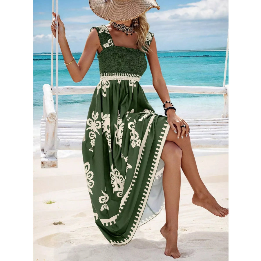 Smocked Printed Square Neck Maxi Dress Apparel and Accessories