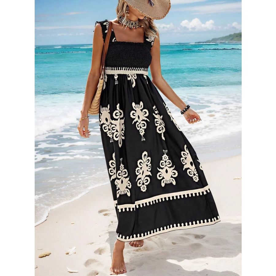 Smocked Printed Square Neck Maxi Dress Apparel and Accessories