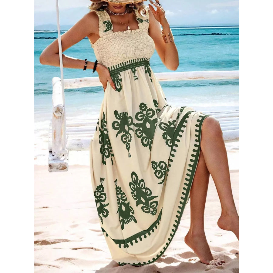 Smocked Printed Square Neck Maxi Dress Apparel and Accessories