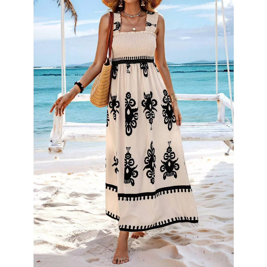 Smocked Printed Square Neck Maxi Dress Apparel and Accessories
