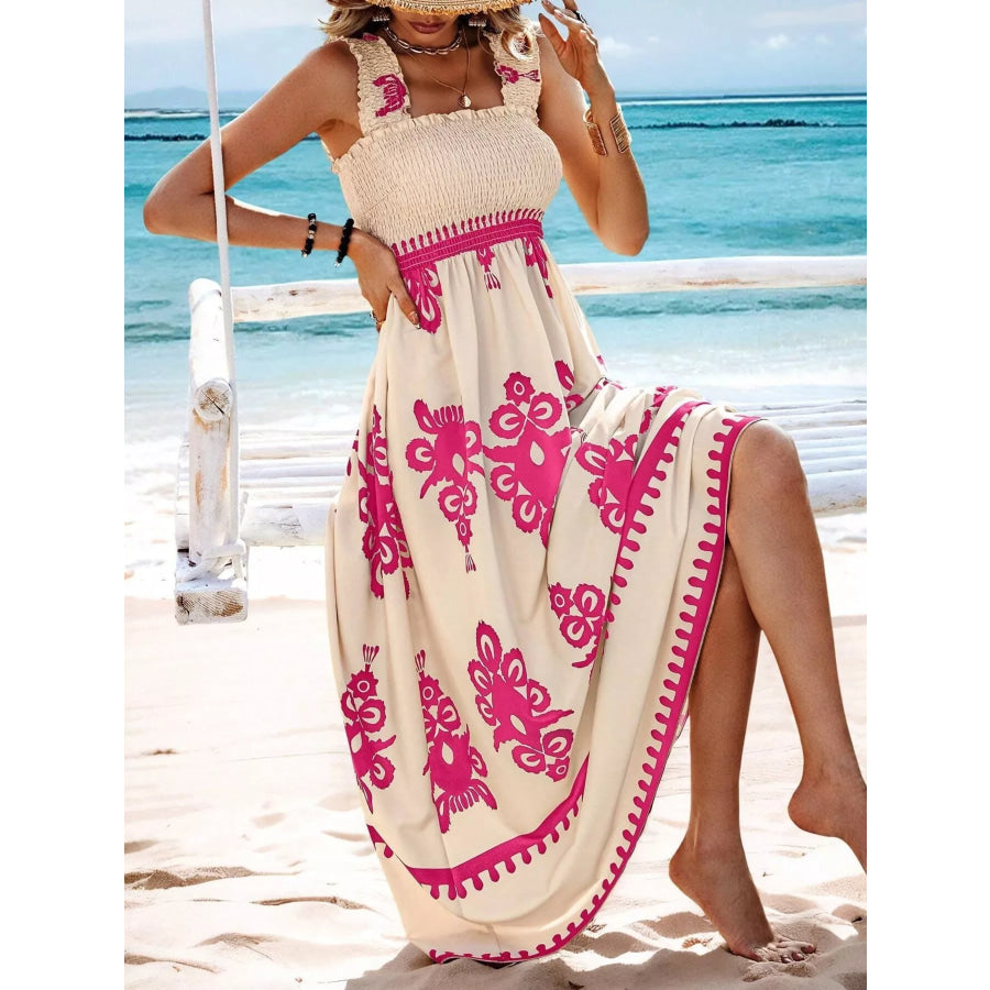Smocked Printed Square Neck Maxi Dress Apparel and Accessories