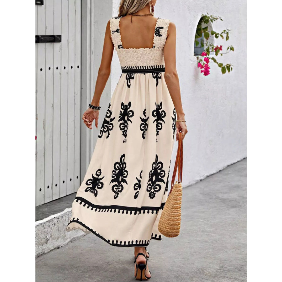 Smocked Printed Square Neck Maxi Dress Apparel and Accessories