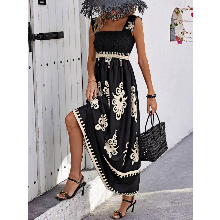 Smocked Printed Square Neck Maxi Dress Apparel and Accessories