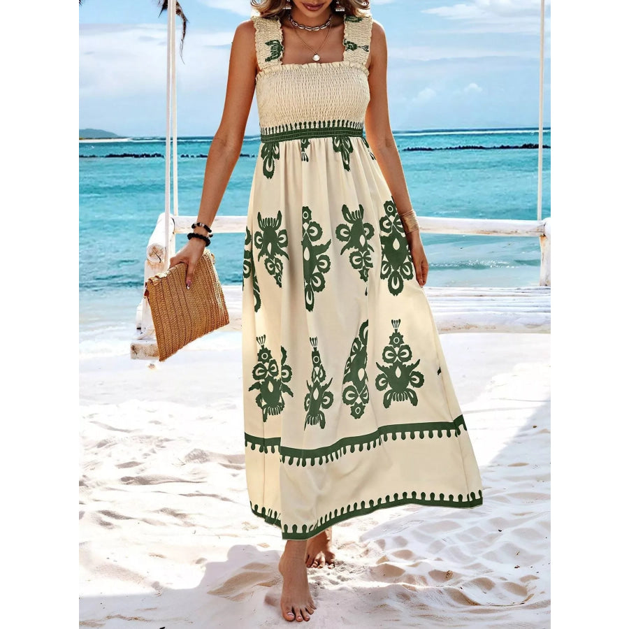 Smocked Printed Square Neck Maxi Dress Apparel and Accessories