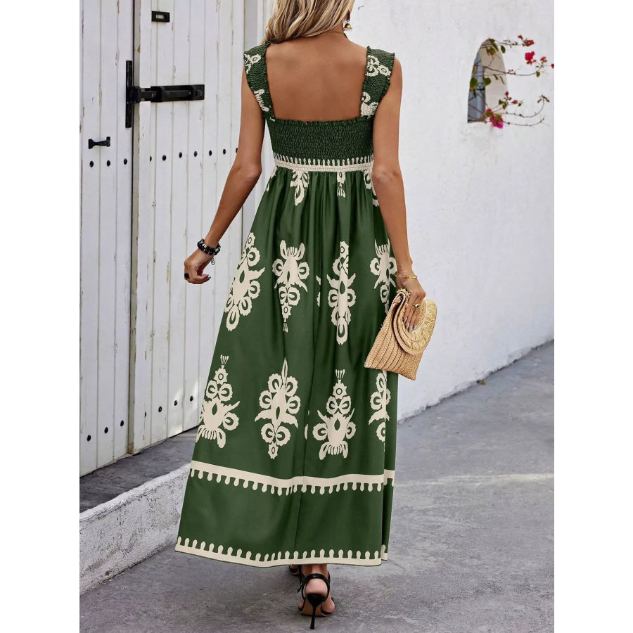 Smocked Printed Square Neck Maxi Dress Apparel and Accessories