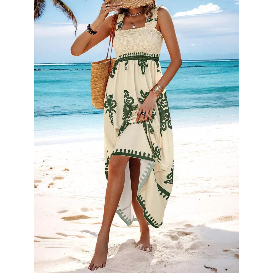 Smocked Printed Square Neck Maxi Dress Apparel and Accessories