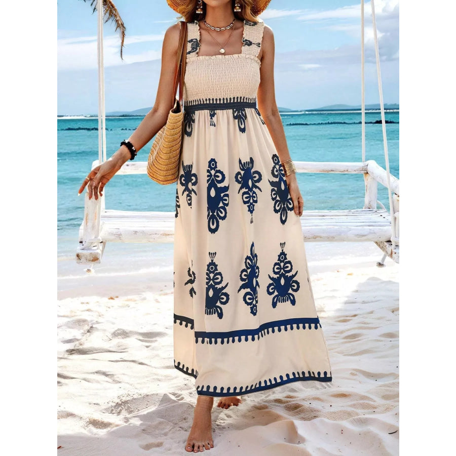 Smocked Printed Square Neck Maxi Dress Apparel and Accessories