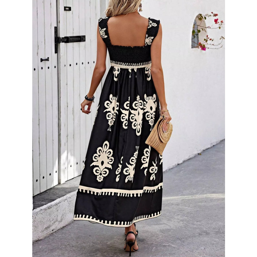 Smocked Printed Square Neck Maxi Dress Apparel and Accessories