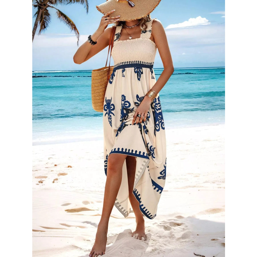 Smocked Printed Square Neck Maxi Dress Apparel and Accessories