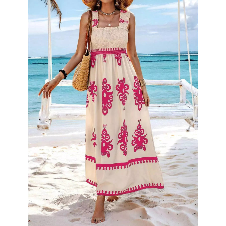 Smocked Printed Square Neck Maxi Dress Apparel and Accessories