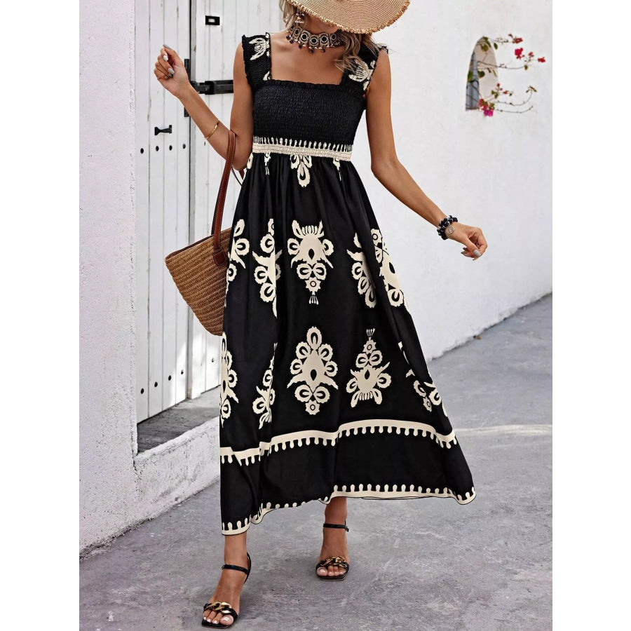 Smocked Printed Square Neck Maxi Dress Black / S Apparel and Accessories