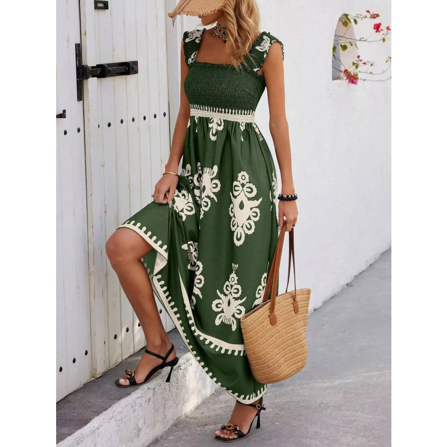Smocked Printed Square Neck Maxi Dress Dark Green / S Apparel and Accessories