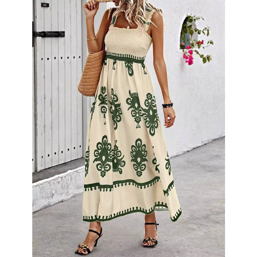 Smocked Printed Square Neck Maxi Dress Moss / S Apparel and Accessories