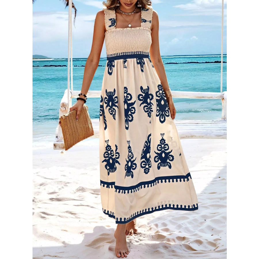 Smocked Printed Square Neck Maxi Dress Peacock Blue / S Apparel and Accessories