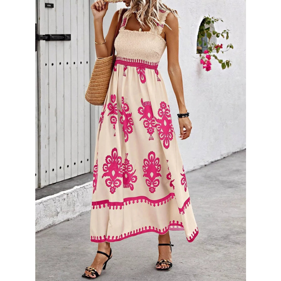 Smocked Printed Square Neck Maxi Dress Pink / S Apparel and Accessories