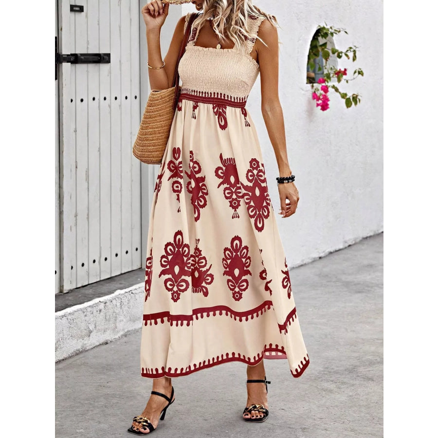 Smocked Printed Square Neck Maxi Dress Scarlet / S Apparel and Accessories