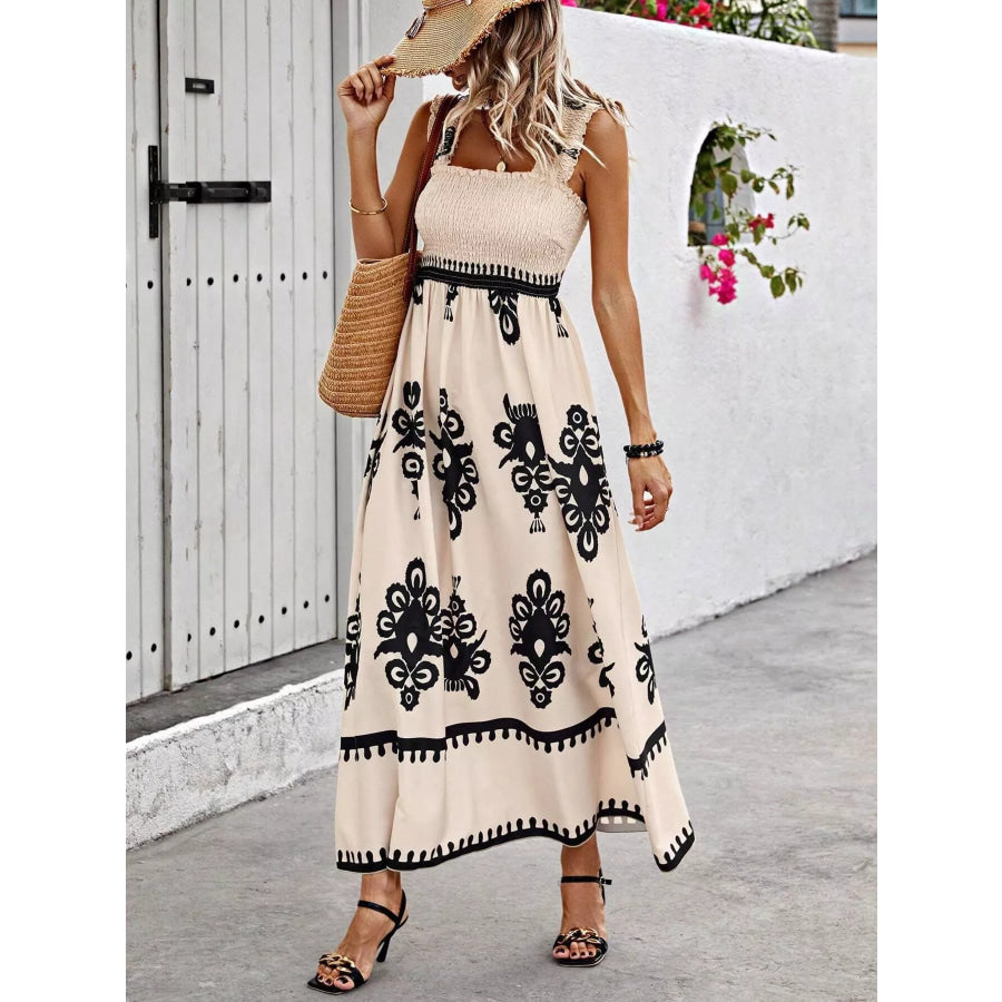 Smocked Printed Square Neck Maxi Dress Tan / S Apparel and Accessories