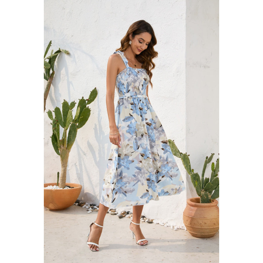 Smocked Printed Square Neck Midi Dress Apparel and Accessories