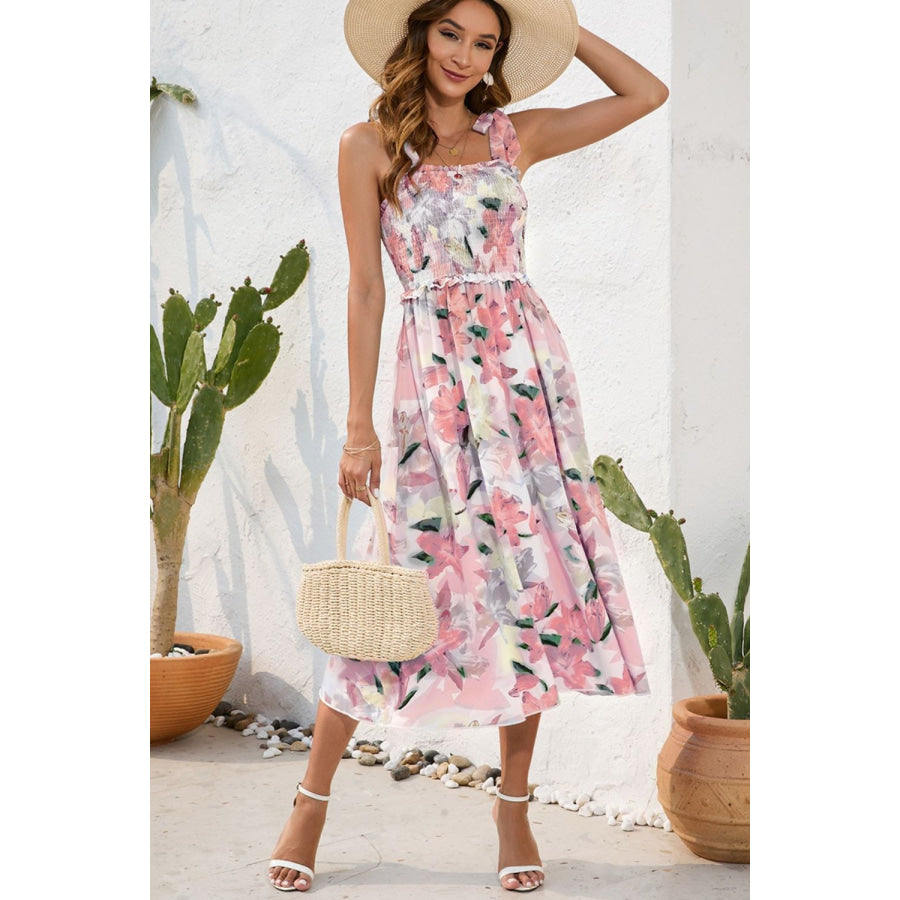 Smocked Printed Square Neck Midi Dress Blush Pink / S Apparel and Accessories