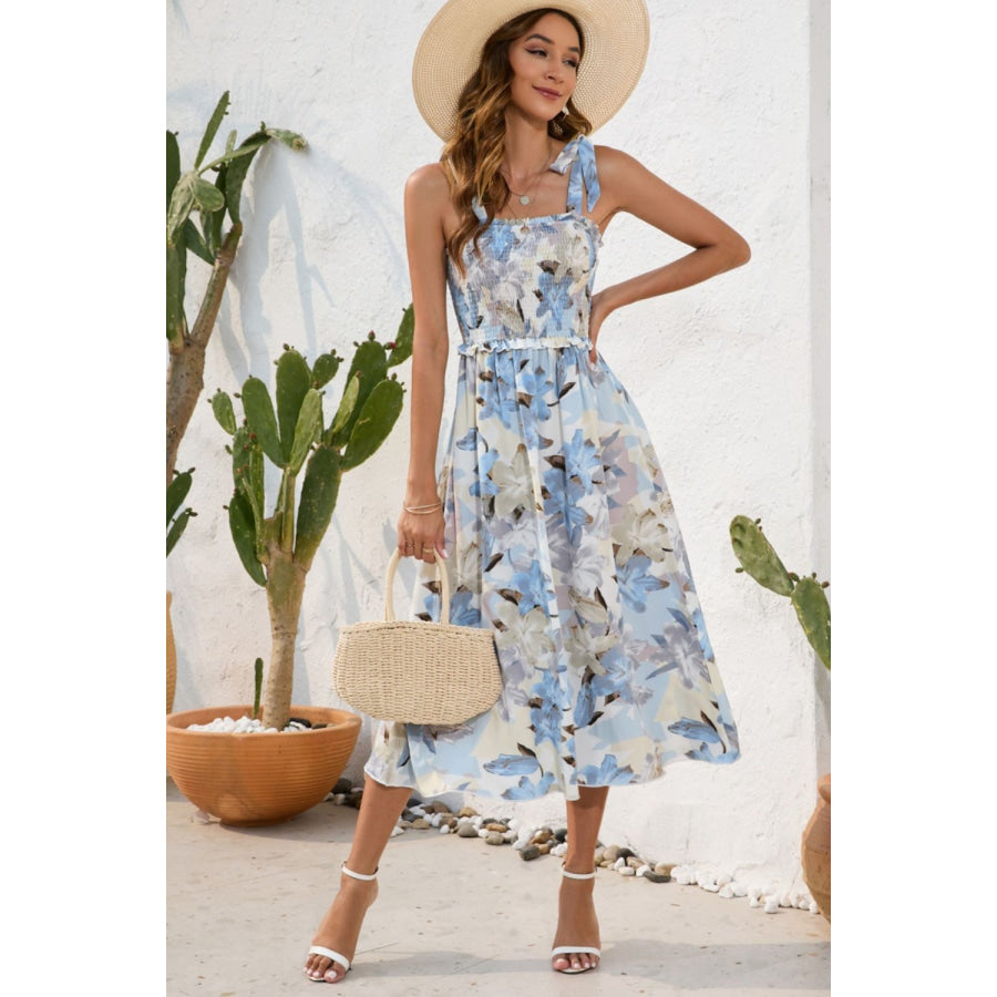 Smocked Printed Square Neck Midi Dress Misty Blue / S Apparel and Accessories